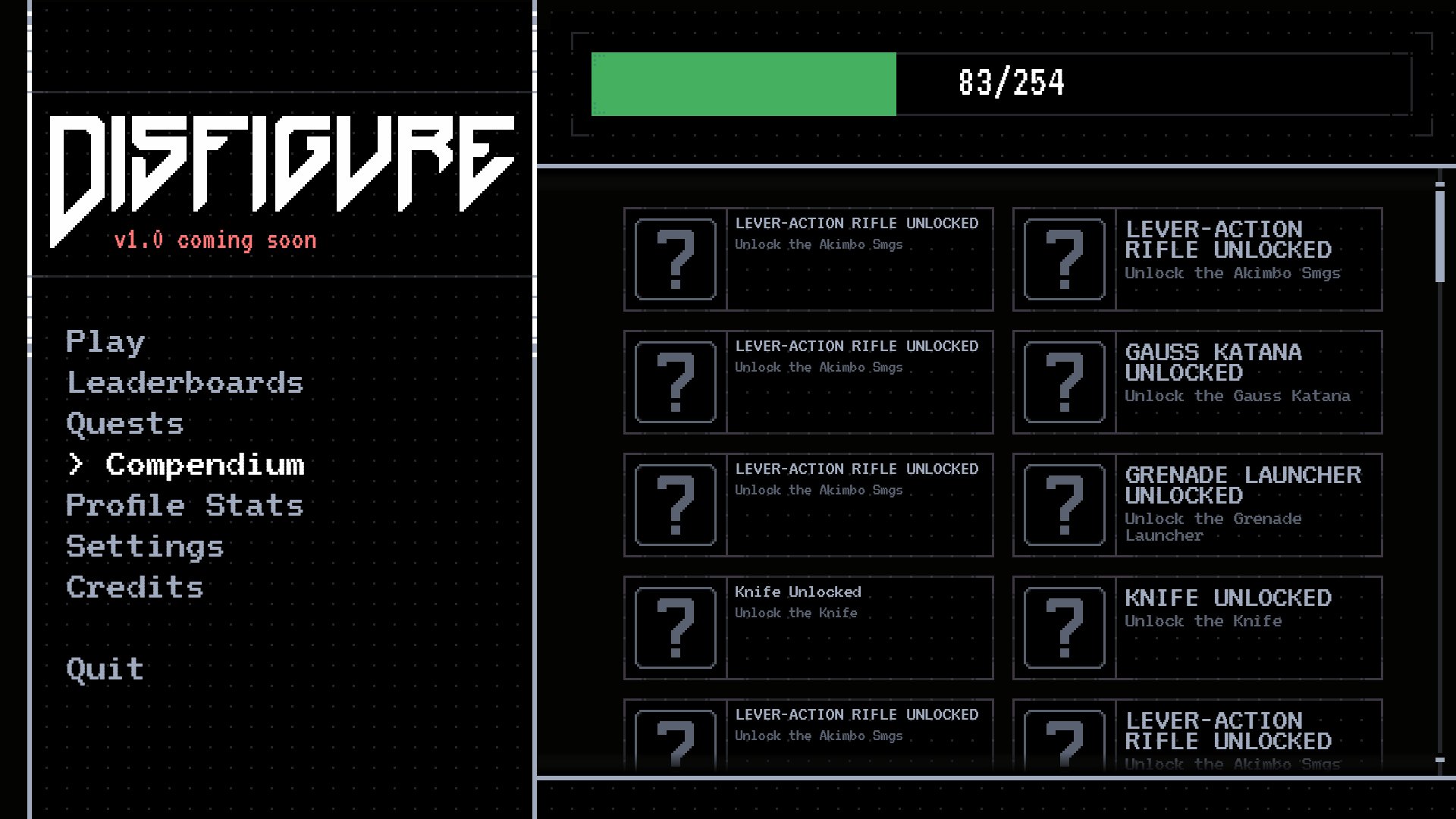 Disfigure — Compendium unlocks screen